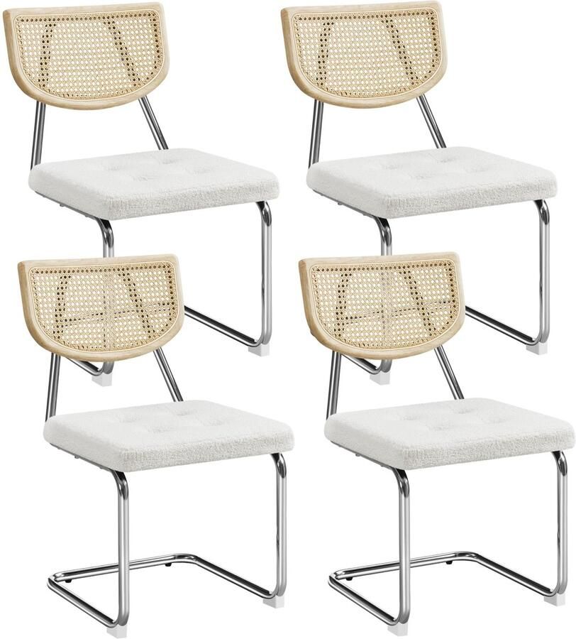 Set van 4 keukenstoelen eetkamerstoelen rugleuning van rotan schommelstoel met metalen frame gestoffeerde stoel voor eetkamer keuken restaurant woonkamer bouclé-weefsel wit