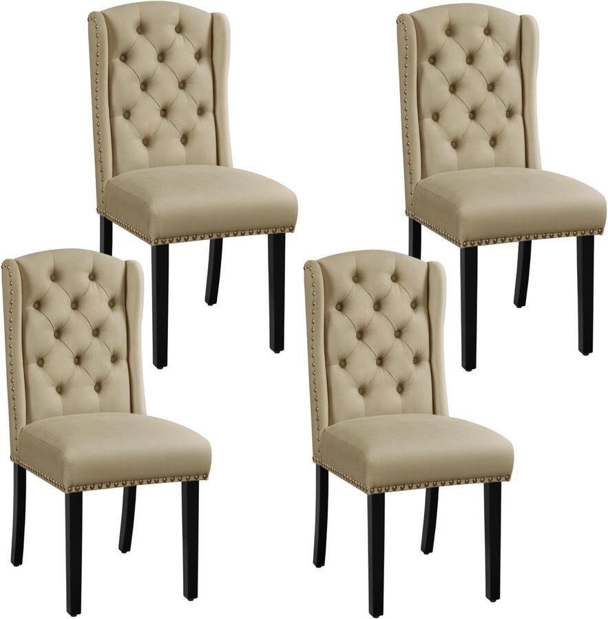 Set van 4 keukenstoelen met vleugelvormige rugleuning gestoffeerde eetkamerstoel tot 140 kg belastbaar voor eetkamer keuken woonkamer slaapkamer kaki