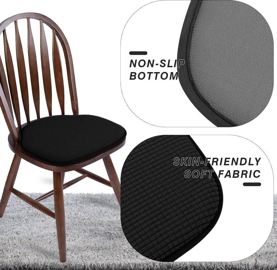 Set van 4 keukenstoelpads voor eetkamerstoelen antislip Windsor stoelkussens Zitkussen voor keukenstoelen met schuimvulling (4 stuks zwart) 43L x 39 W centimeter