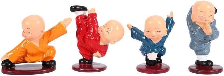 Set van 4 kung fu monniken figuur 4 stuks hars klein monnik beeldje voor auto thuis bureau plank decor ambachtelijk