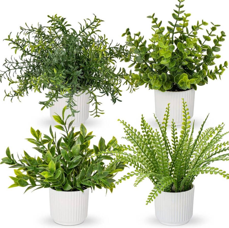 Set van 4 kunstplanten in pot kunstplanten zoals echte eucalyptus mini-kunstrozemarijn kunstvarenplant voor decoratie woonkamer tafeldecoratie badkamer bureau