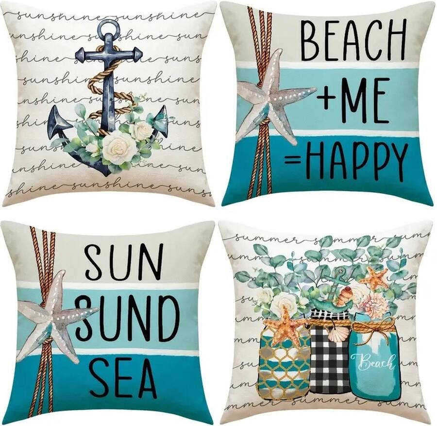 Set Van 4 Kussenhoezen 45 X 45 Cm Strand kussenhoes Zomer Boot Anker Zeester Vaas Brief Thuis Bank Beddengoed Buiten Kussenhoes Decoratieve Kussensloop (Zonder Vulling)
