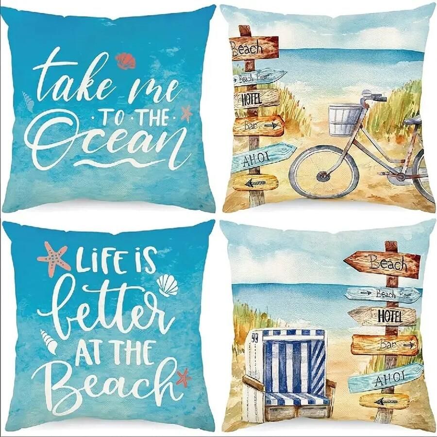 Set Van 4 Kussenhoezen 45 X 45 Cm Strand kussenhoes Zomer Oceaan Strandpatroon Thuis Bank Beddengoed Buiten Kussenhoes Decoratieve Kussensloop (Zonder Vulling)