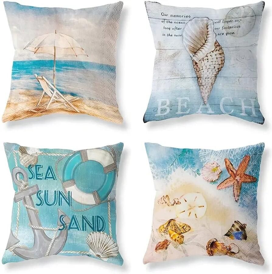 Set Van 4 Kussenhoezen 45 X 45 Cm Strand kussenhoes Zomer Oceaan Thuis Bank Beddengoed Buiten Kussenhoes Decoratieve Kussensloop (Zonder Vulling)