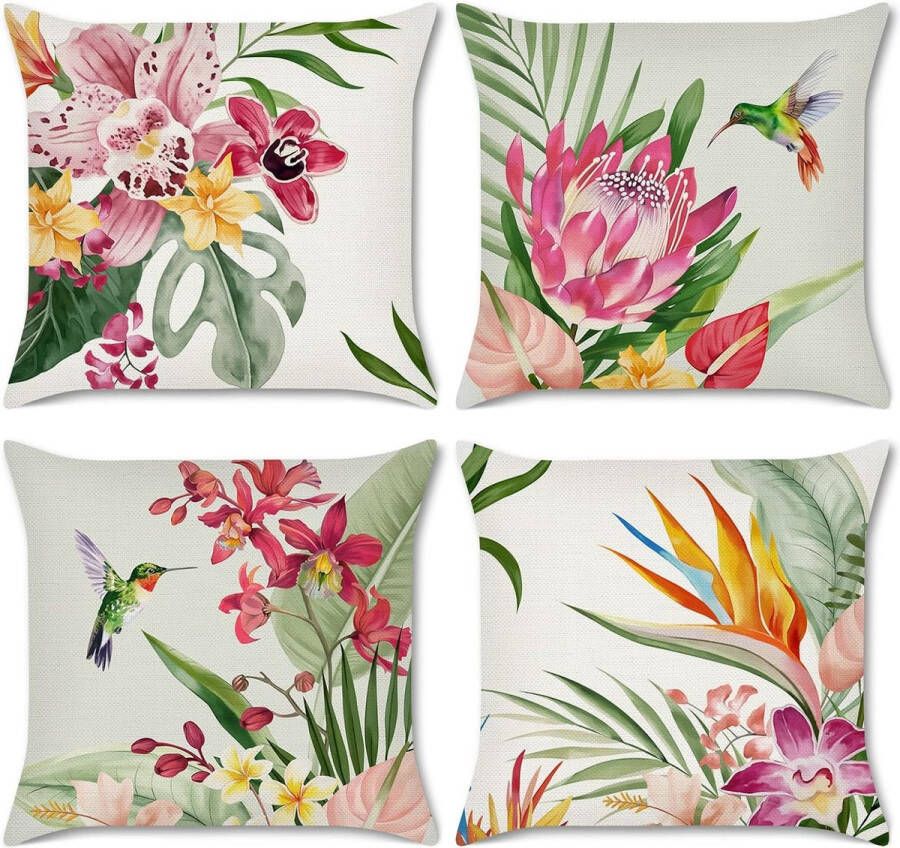 Set van 4 kussenhoezen bloemen tropische bloemen 45 x 45 cm bloemblaadjes buiten polyester linnen decoratieve zomerkussens sierkussenhoezen voor bank tuin buiten wooncorati