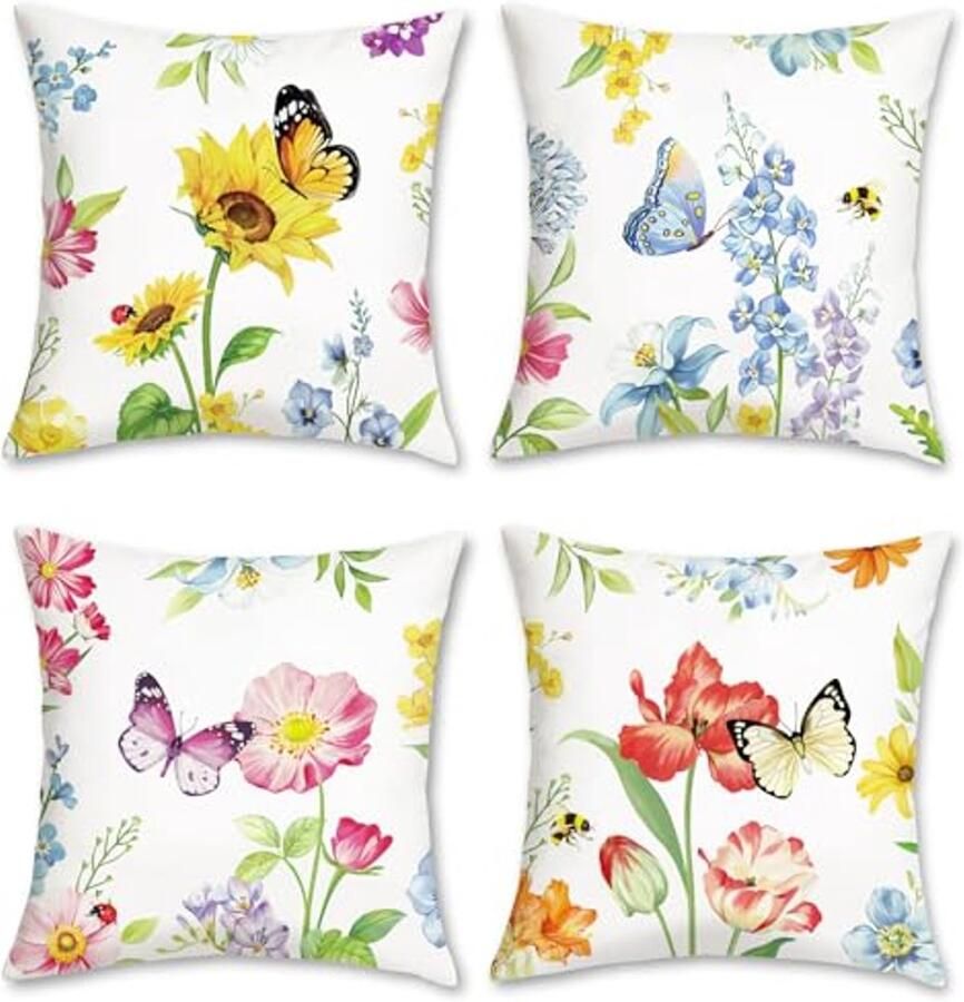 Set van 4 Kussenhoezen met Bloemen en Vlinders 45 x 45 cm Zachte Velours Decoratieve Kussens voor Sofa en Bed