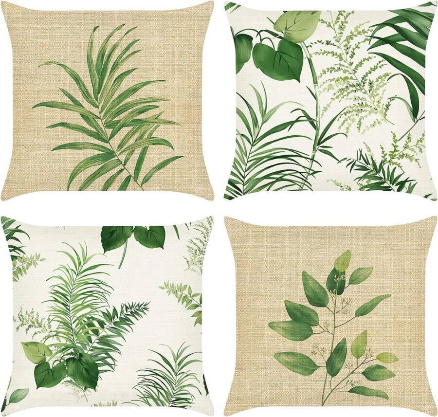 Set van 4 kussens bladeren 45 x 45 cm groene plant botanisch polyester linnen sierkussens voor bank slaapkamer woonkamer woondecoratie