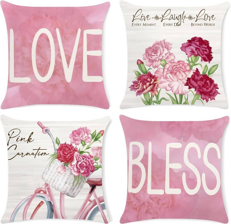 Set van 4 kussens bloemen roze 45 x 45 cm roze anjer fluweel sierkussens kussens voor bank slaapkamer woonkamer woondecoratie