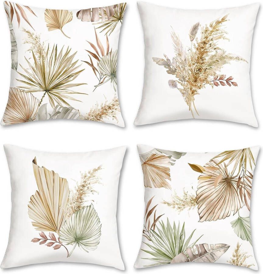 Set van 4 kussens boho palmbladen 45 x 45 cm tropische planten bladen fluweel sierkussens kussens voor bank wanddecoratie