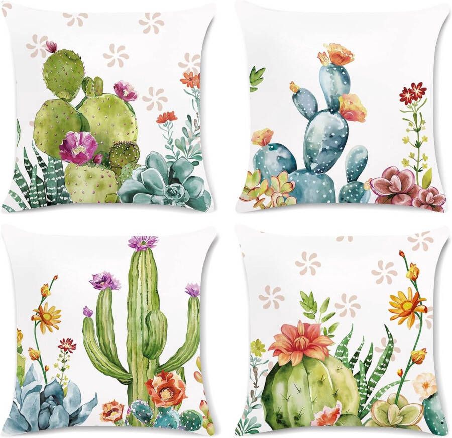 Set van 4 kussens cactus tropisch 45 x 45 cm bloemen bladen vetplanten tuin sierkussens voor bank keuken buiten woonkamer woondecoratie