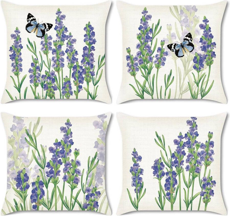 Set van 4 kussens paars bloemen lavendel 45 x 45 cm polyester linnen decoratieve kussens voor bank slaapkamer auto slaapkamerdecoratie