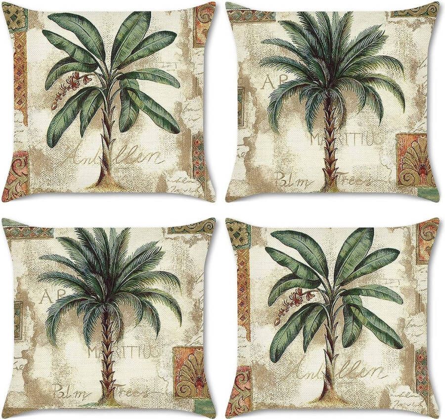 Set van 4 kussens palmbladen 45 x 45 cm vintage tropisch groen polyester linnen decoratieve kussens voor bank slaapkamer auto slaapkamerdecoratie