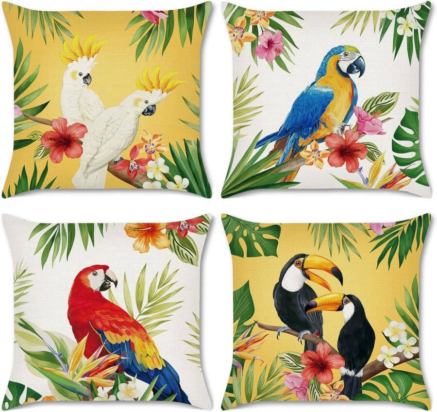 Set van 4 kussens vogel toekan tropisch 45 x 45 cm papegaai bloemen bladeren polyester linnen sierkussens voor bank keuken buiten woondecoratie