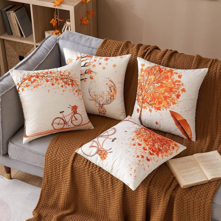 Set van 4 kussens voor herfst esdoornblad stijl linnen kussens sierkussens voor bank woonkamer slaapbank met verstelbare zitting 45 cm x 45 cm 18 x 18 inch