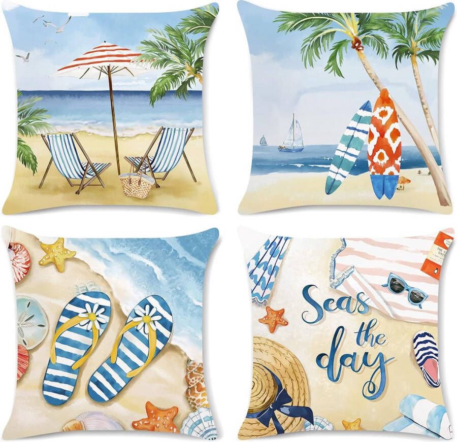 Set van 4 kussens voor strand kamer 45 x 45 cm zee surfplank palm zee landschap rivier sierkussens voor bank woonkamer thuis buitendecoratie