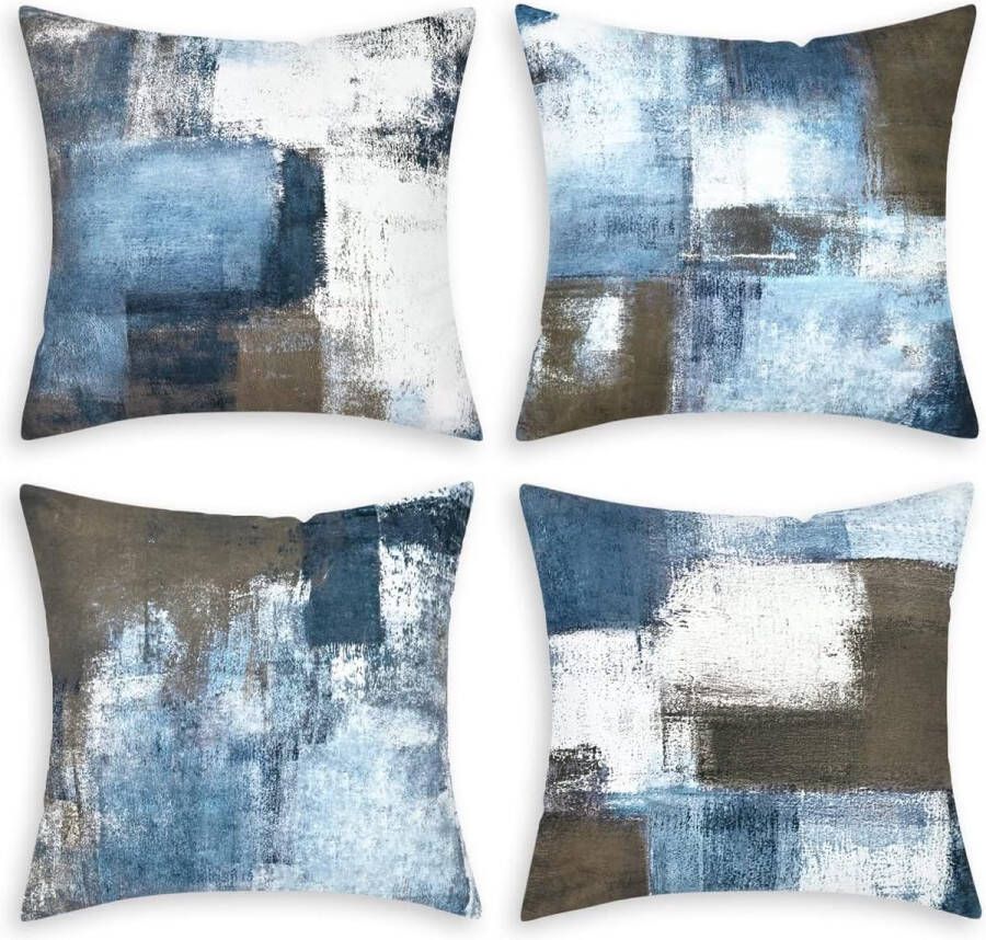 Set van 4 kussenslopen 40 x 40 cm kussenhoezen zachte abstracte kunst decoratieve kussenhoezen vierkante sierkussenset voor bank en slaapkamer grijs-blauw