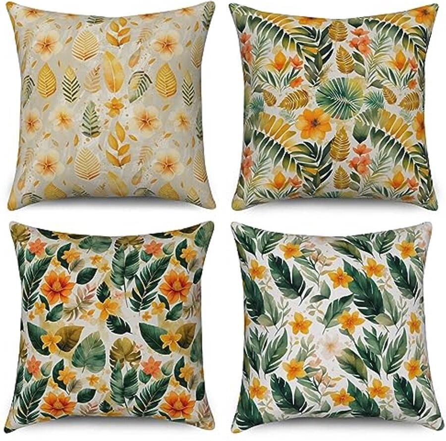 Set van 4 Kussenslopen 40x40 cm Modern Groen Geel Bladeren Wasbare Sierkussens voor Bank Polyester Textiel