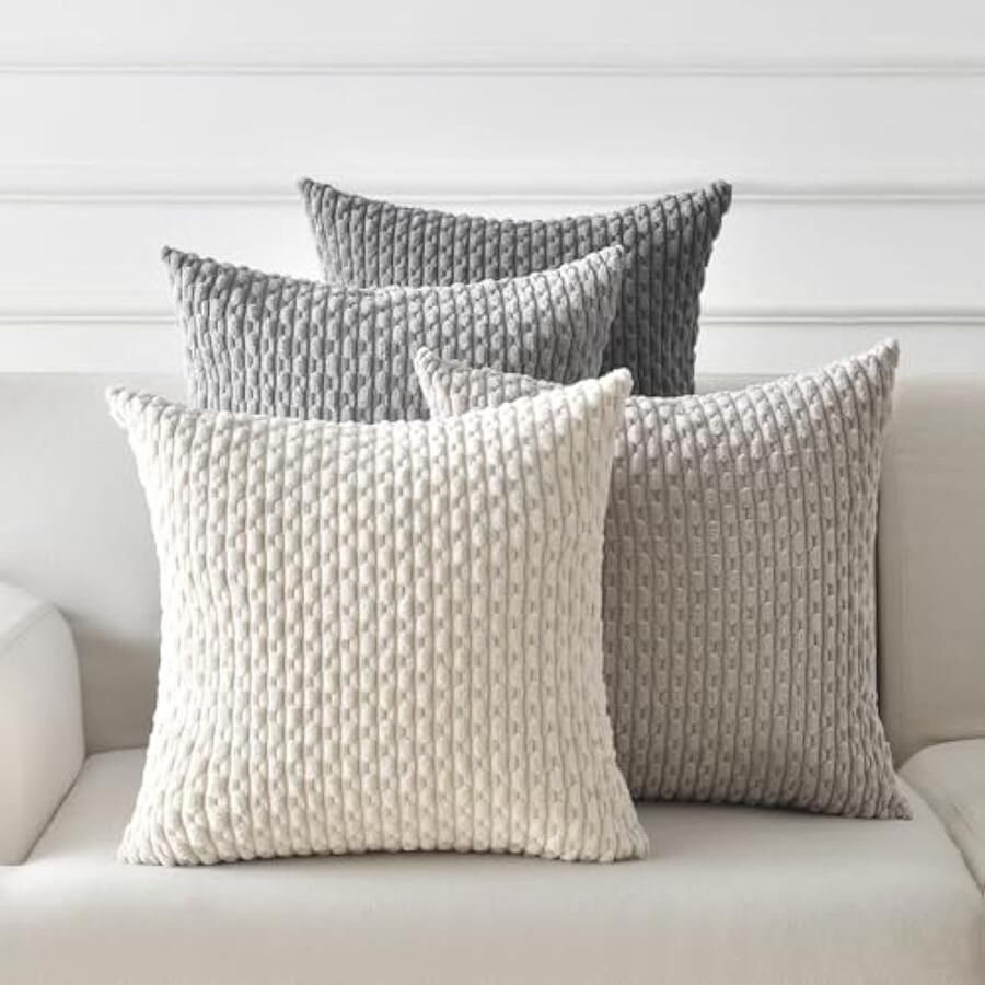 Set van 4 kussenslopen 45 x 45 cm grijs geribbeld fluweel met geleidelijke afstuderen boho elegante kussenslopen voor bank woonkamer en slaapkamer