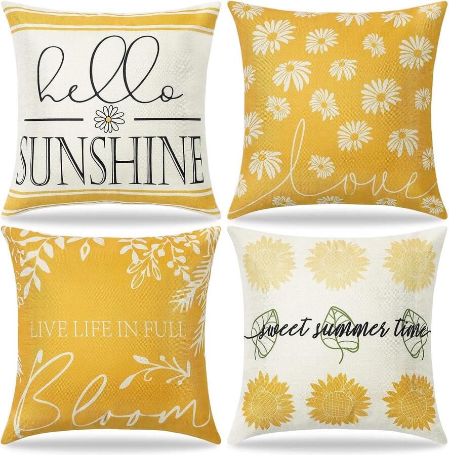 Set van 4 kussenslopen 45 x 45 cm madeliefjes decoratieve kussenhoezen zonnebloem geel linnen kussenslopen bank sierkussen sofakussen café tuin outdoor huisdecoratie