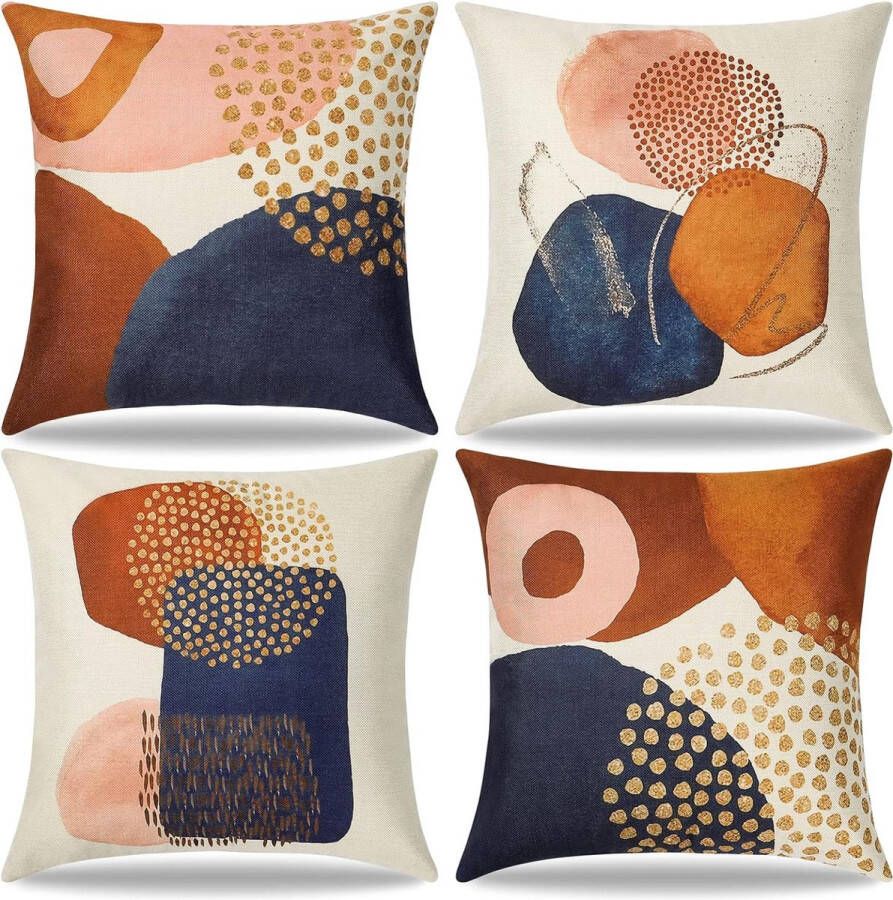 Set van 4 kussenslopen 45 x 45 cm marineblauw oranje kussenovertrekken decoratieve bankkussens voor stoel bed tuin slaapkamer wooncultuur