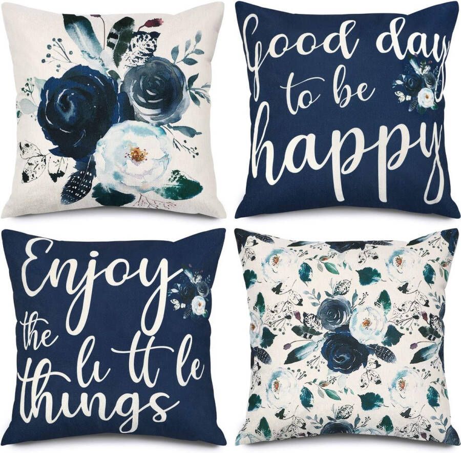 Set van 4 kussenslopen 45 x 45 cm rozen bloemen wit grijs kussen decoratief kussen bankkussen vierkante kussenhoezen voor tuin terras bank woonkamer bank 4 stuks