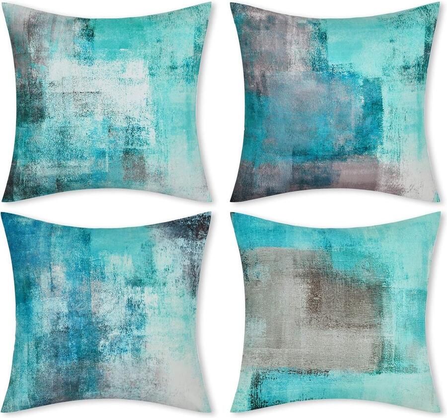 JGS Set van 4 kussenslopen 45 x 45 cm turquoise zachte abstracte kunst decoratieve kussenset voor bank slaapkamer grijs blauwgroen