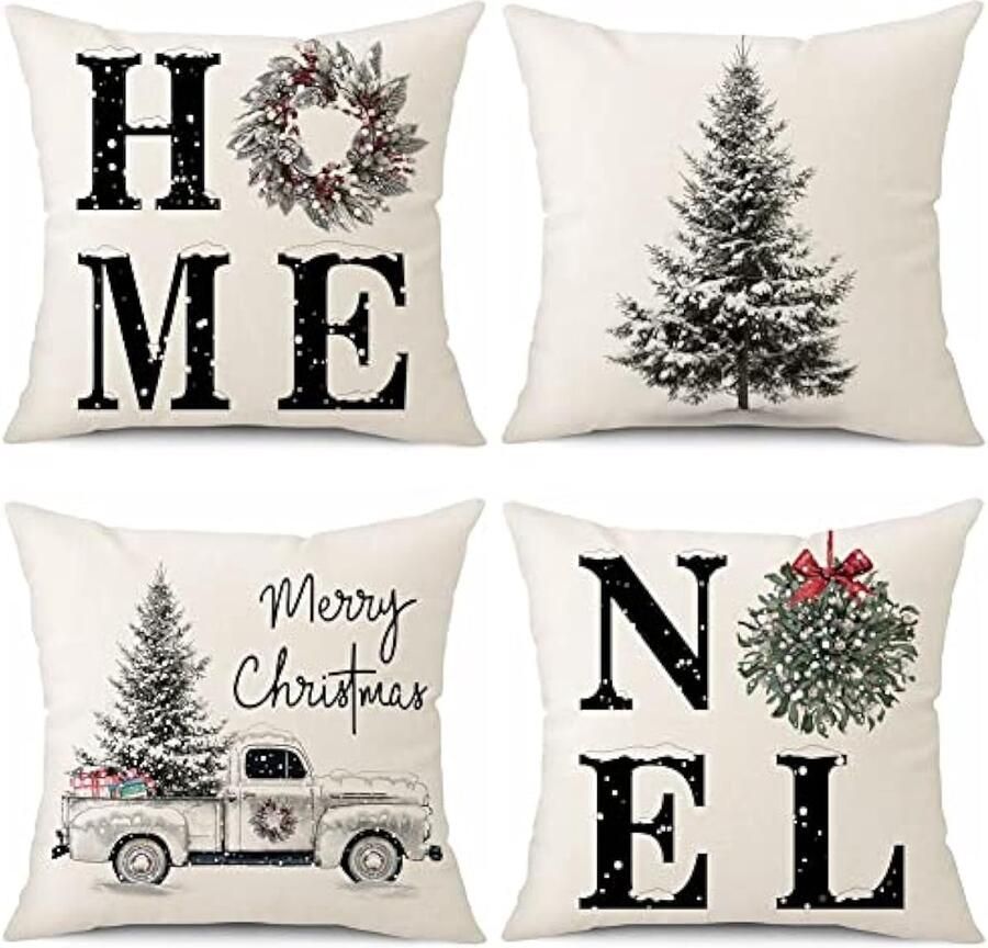 Set van 4 kussenslopen 45 x 45 cm vrolijk kerstfeest winter vakantie kussenslopen kerstboom met vrachtwagen linnen huis decoratieve bank kussenslopen