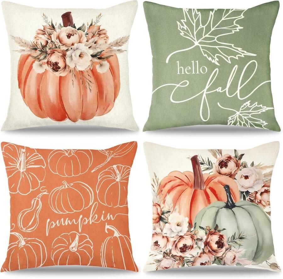 Set van 4 kussenslopen 45 x 45 vierkante linnen kussenhoes herfst pompoen kussenslopen zachte decoratieve sofa kussenslopen pioenroos kussensloop buiten voor bank woonkamer bed decor