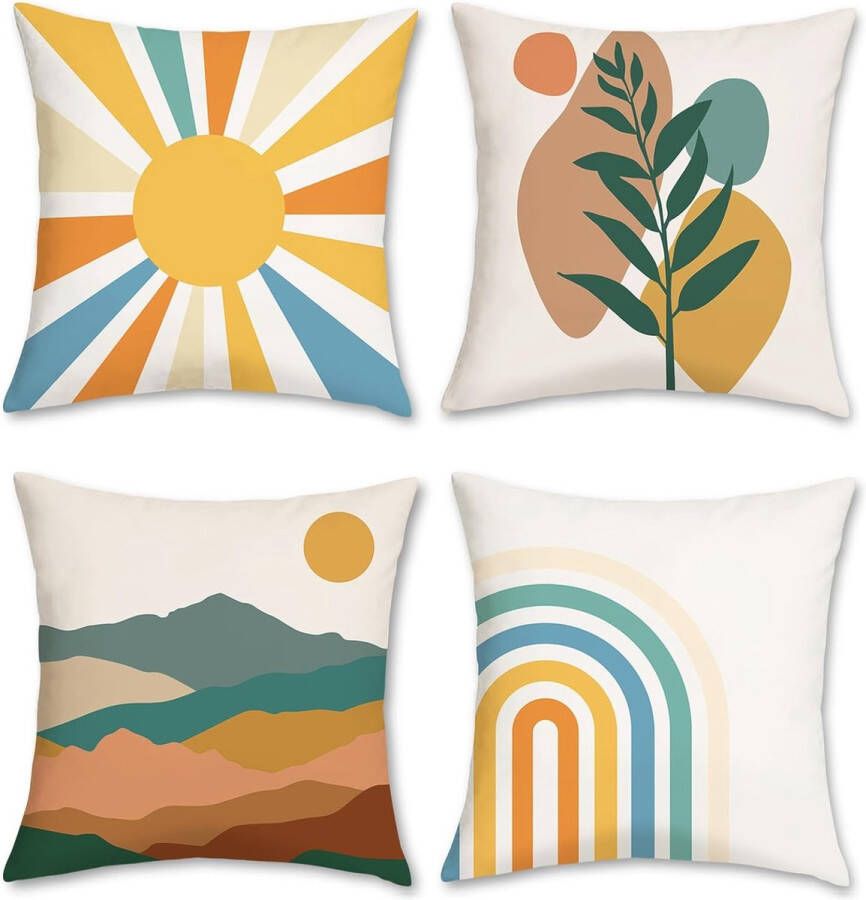 Set van 4 kussenslopen abstract boho 45 x 45 cm fluweel zachte bladeren regenboog zon decoratieve kussenovertrekken voor bank slaapkamer woonkamer woondecoratie