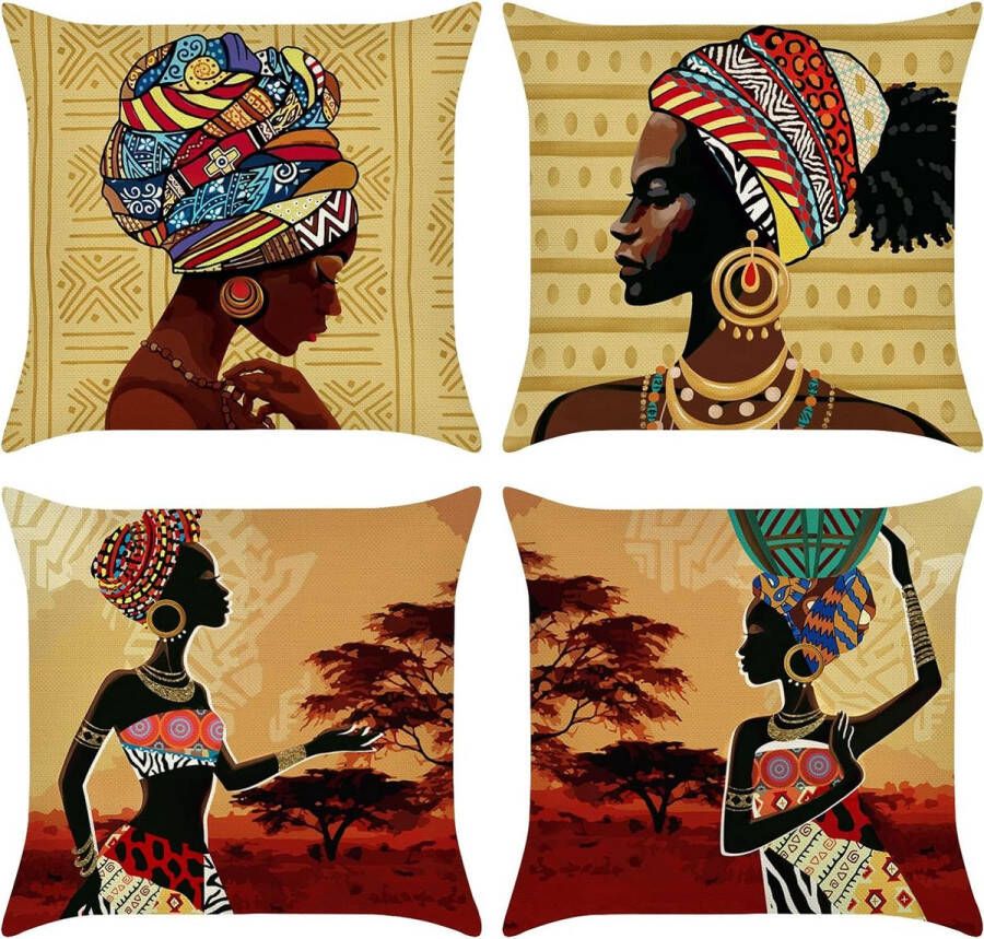 Set van 4 kussenslopen Afrikaanse vrouwen 45 x 45 cm etnische stammen polyester linnen decoratieve kussenovertrekken voor bank slaapkamer woonkamer auto woondecoratie