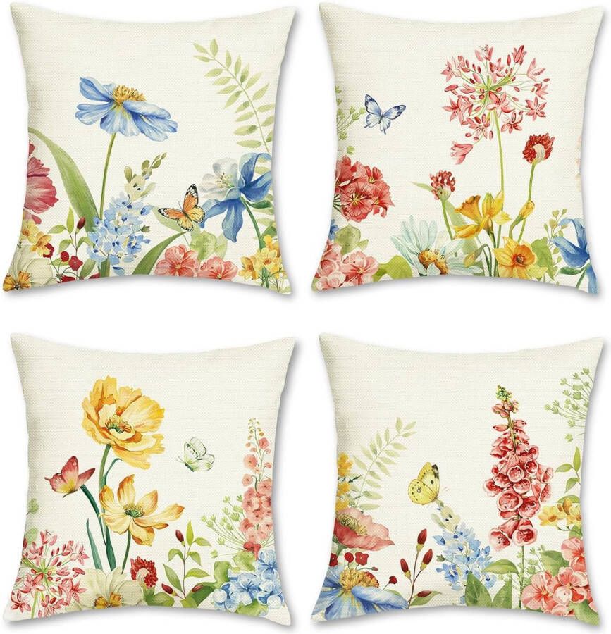 Set van 4 kussenslopen bloemen 45 x 45 cm bloementuin polyester linnen decoratieve kussenhoes zomer decoratieve kussenhoezen voor bank slaapkamer woonkamer auto huisdecoratie