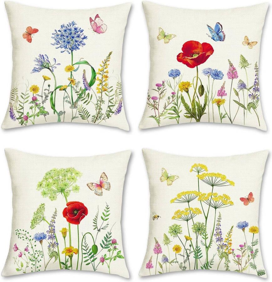 Set van 4 kussenslopen bloemen 45 x 45 cm dubbelzijdig vlinder tuin polyester linnen decoratieve kussenhoezen sierkussenovertrekken voor bank woonkamer auto woondecoratie