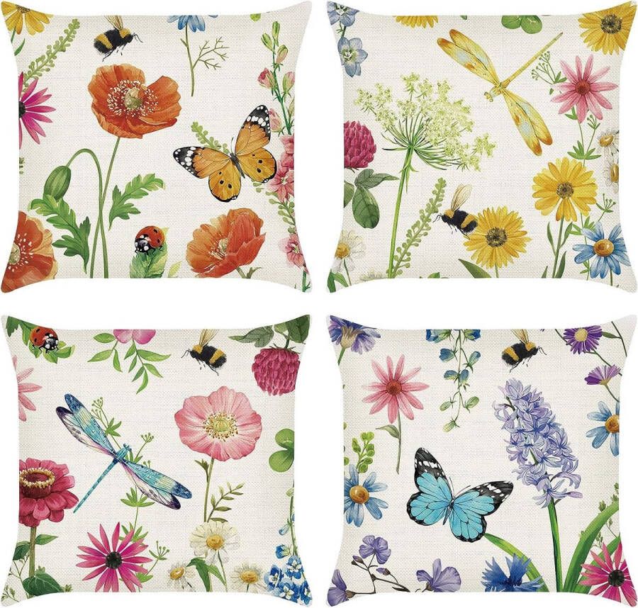 Set van 4 kussenslopen bloemen tuin 45 x 45 cm polyester linnen wilde bloem decoratieve kussenhoes zomer sierkussenhoezen voor bank slaapkamer woonkamer auto woondecoratie