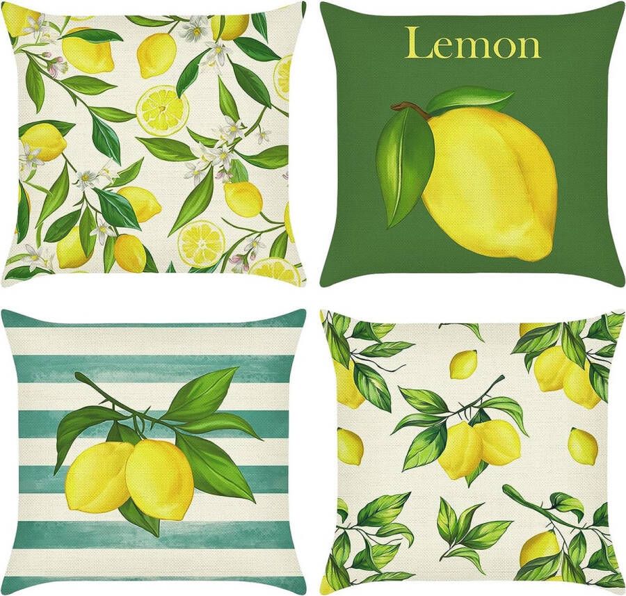 Set van 4 kussenslopen citroen 45 x 45 cm geel fruit met groene bladeren polyester linnen decoratieve kussenovertrekken voor bank slaapkamer woonkamer auto woondecoratie