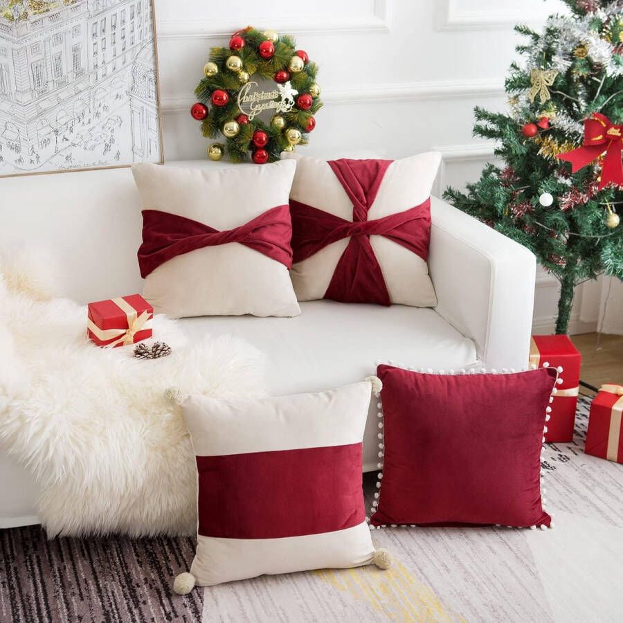 Set van 4 kussenslopen decoratieve kunstleren kussenhoes Morden Design bankkussen fluweel decoratief kussen lendenkussen effen voor bank slaapkamer 45 x 45 cm wijn