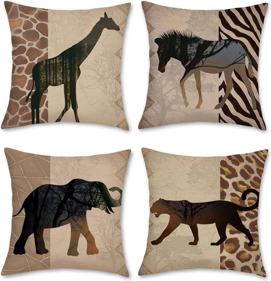 Set van 4 kussenslopen dieren luipaard Afrikaans 45 x 45 cm polyester linnen decoratieve kussenovertrekken voor bank slaapkamer woonkamer woondecoratie