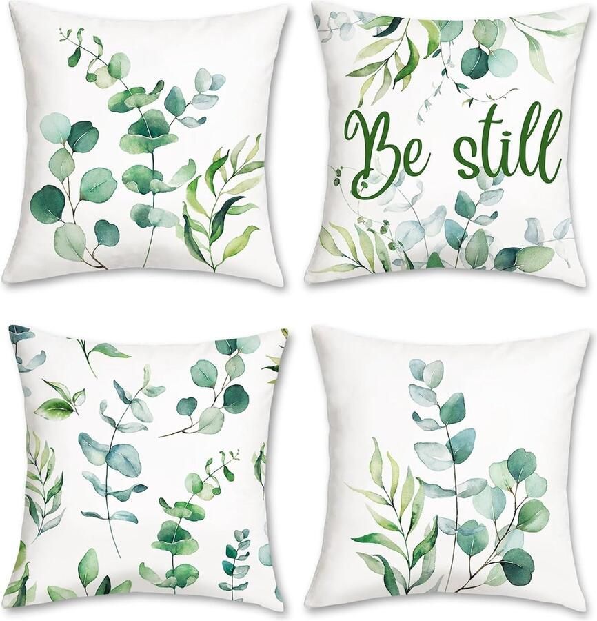 Set van 4 kussenslopen eucalyptusbladeren 45 x 45 cm groen plantfluweel zachte decoratieve kussenhoezen voor bank slaapkamer woonkamer auto woondecoratie