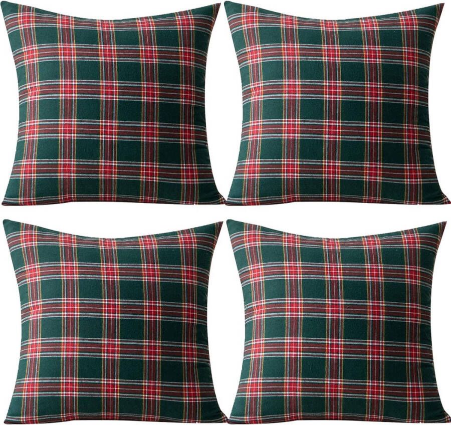 Set van 4 kussenslopen geruit plaid kussenslopen 45 x 45 cm decoratieve kussenslopen van katoen polyester voor woonkamer bank slaapkamer (rood en groen)
