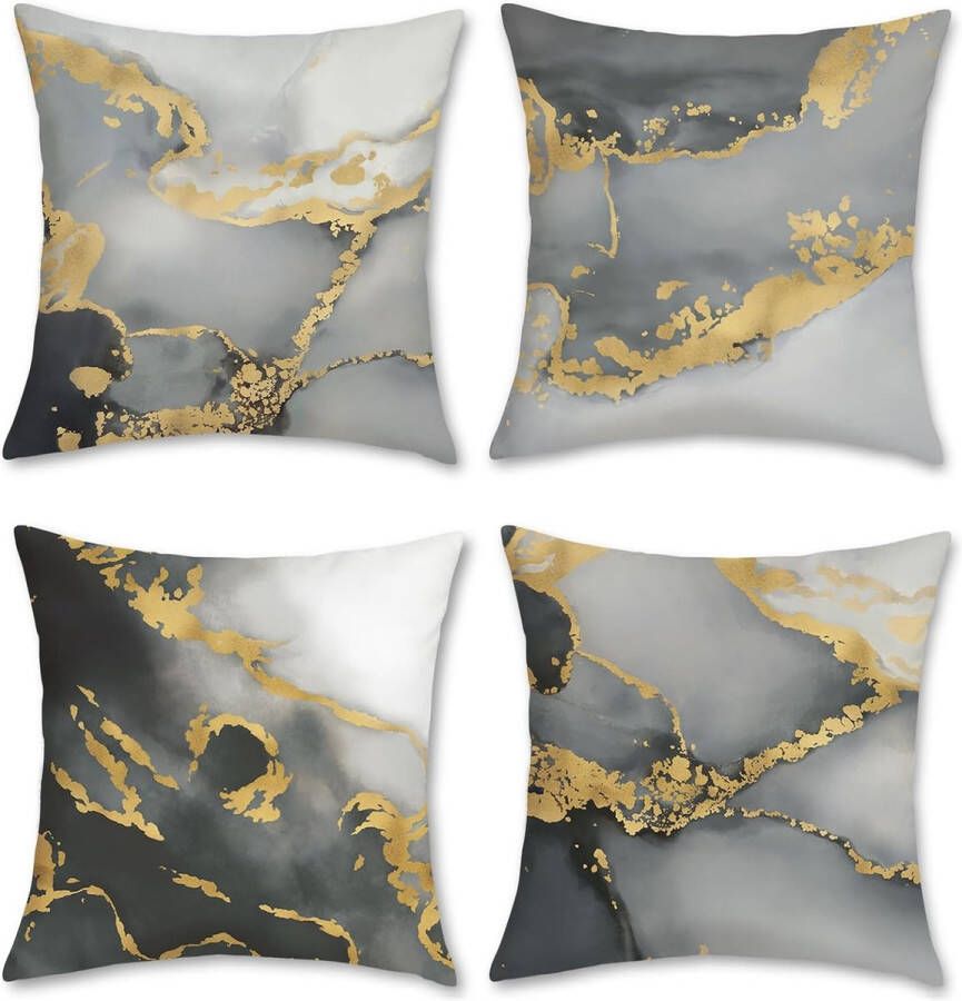 Set van 4 kussenslopen grijs marmer 40 x 40 cm dubbelzijdig zwart-goud abstract kunst modern fluweel zacht decoratieve kussenovertrekken voor bank woonkamer woondecoratie