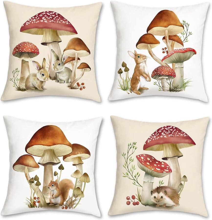 Set van 4 kussenslopen herfst paddenstoel 45 x 45 cm bruin rood paddenstoel konijn eekhoorntje decoratieve kussenhoezen voor bank slaapkamer tuin thuis decoratie
