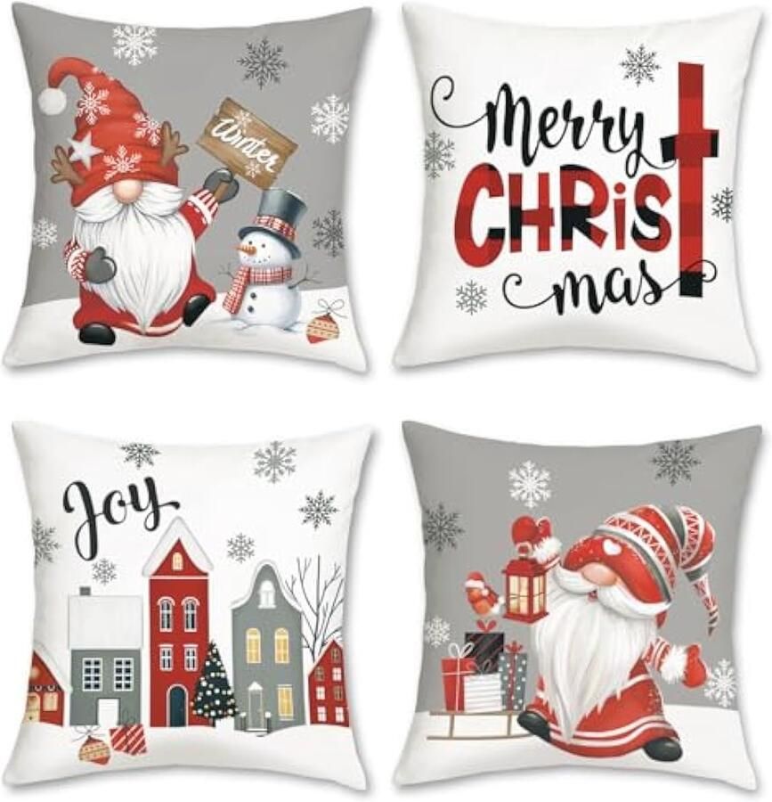 Selbro Set van 4 Kussenslopen kerstgrijs 45 x 45 cm sneeuwvlokken sneeuwpop decoratieve Kussenhoezen sierkussenovertrekken voor bank slaapkamer thuis winter decoratie