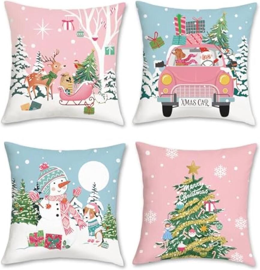 Set van 4 kussenslopen Kerstmis blauw roze 45 x 45 cm rendier sneeuwpop kerstbomen decoratieve kussenhoezen voor bank thuis winter decoratie