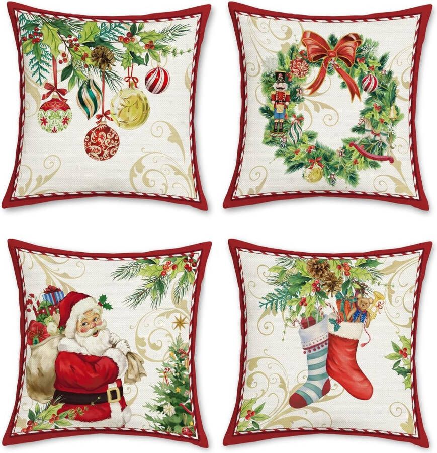 Set van 4 kussenslopen Kerstmis Kerstman 45 x 45 cm Xmas krans sokken wintervakantie polyester linnen decoratieve kussenhoes sierkussenslopen voor bank Xmas decoratie