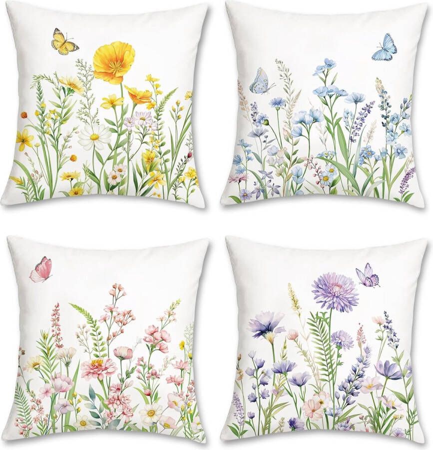Set van 4 kussenslopen lente bloemen 45 x 45 cm kleurrijk tuin bloem vlinders decoratieve kussenhoezen sierkussenovertrekken voor bank slaapkamer thuis tuindecoratie