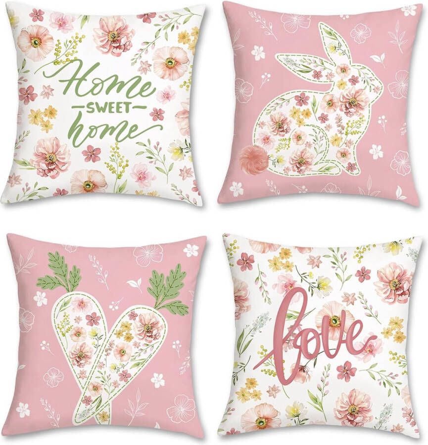 Set van 4 kussenslopen lente en Pasen 45 x 45 cm haas wortel bloemen bladeren roze decoratieve kussenhoezen sierkussenslopen voor bank thuis