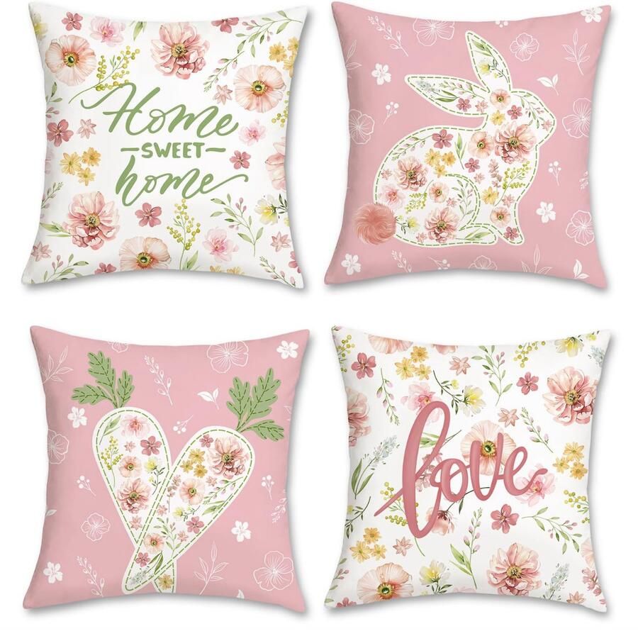 Set van 4 kussenslopen lente en Pasen 45 x 45 cm haas wortel bloemen bladeren roze decoratieve kussenhoezen sierkussenslopen voor bank thuis