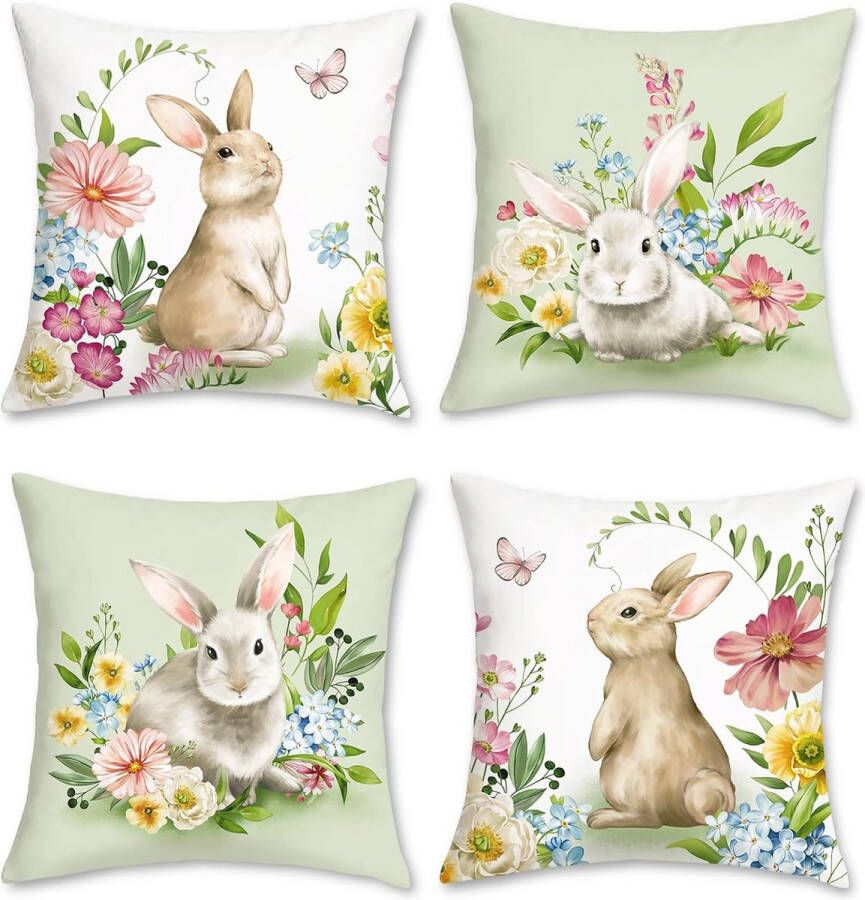 Set van 4 kussenslopen lente haas 45 x 45 cm konijntje bloemen fluweel zachte decoratieve kussenhoezen groene sierkussenslopen voor bank slaapkamer woonkamer tuin woondecoratie