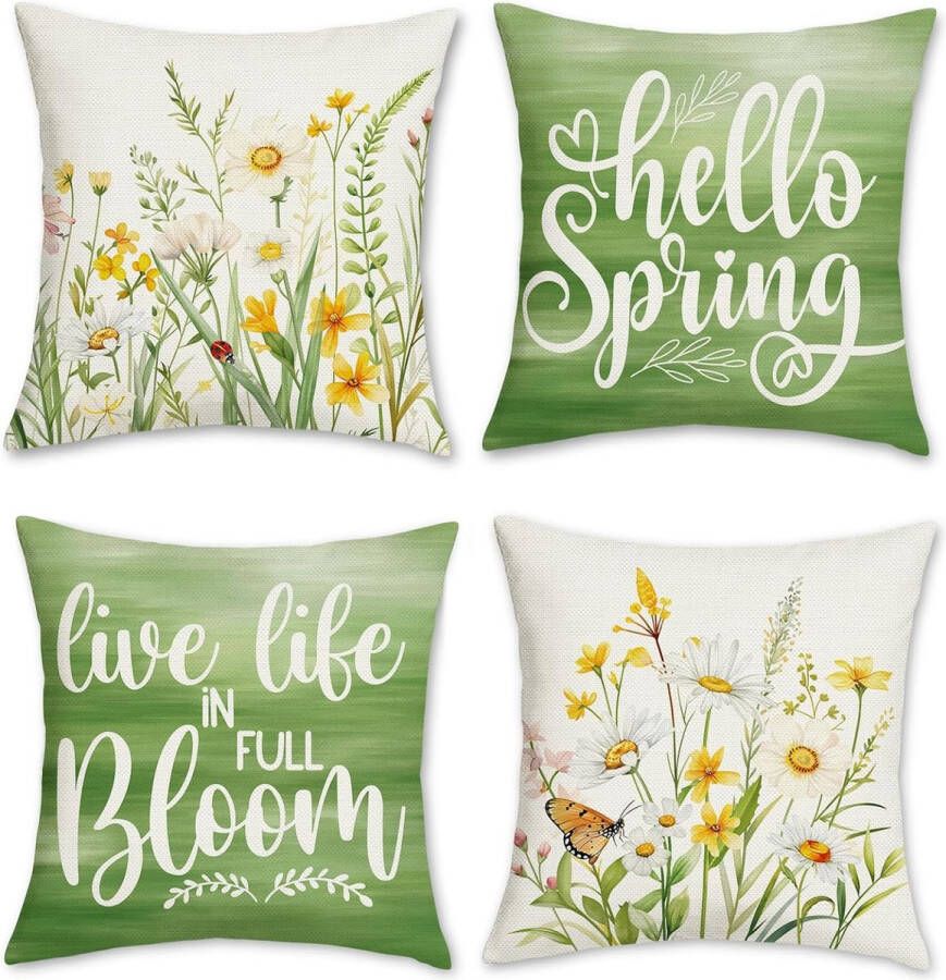 Set van 4 kussenslopen lente Hallo 45 x 45 cm bloemen geel wit groene bladeren decoratieve kussenhoes sierkussenslopen voor bank thuis tuin outdoor lente decoratie - Foto 2