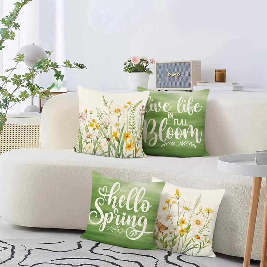 Set van 4 kussenslopen lente Hallo 45 x 45 cm bloemen geel wit groene bladeren decoratieve kussenhoes sierkussenslopen voor bank thuis tuin outdoor lente decoratie