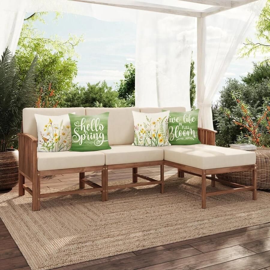 Set van 4 kussenslopen lente Hallo 45 x 45 cm bloemen geel wit groene bladeren decoratieve kussenhoes sierkussenslopen voor bank thuis tuin outdoor lente decoratie